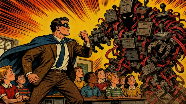 Vintage 1950s comic book style: a caped teacher-hero confronts a bureaucratic monster made of filing cabinets and red tape, shielding children behind them