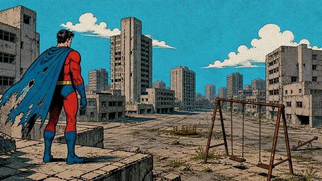 Parco giochi vuoto con sullo sfondo la skyline di una metropoli moderna