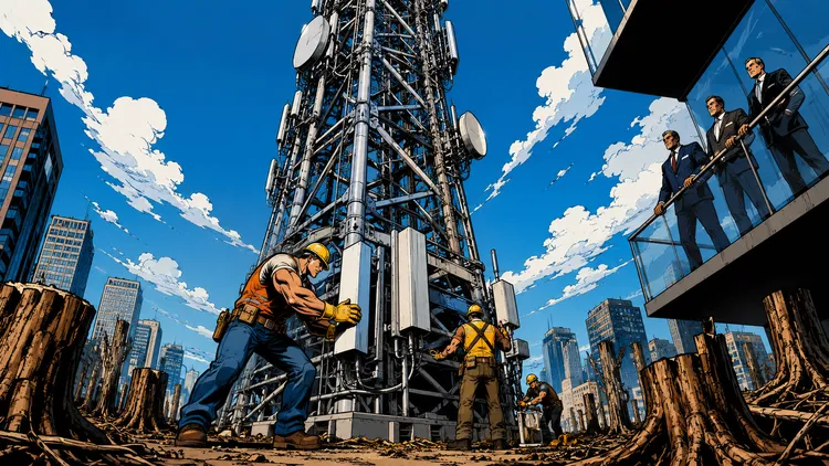 Torre per telecomunicazioni INWIT su viale urbano con ceppi di alberi abbattuti, esecutivi in osservazione sullo sfondo