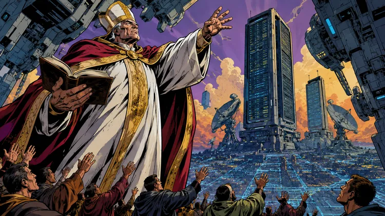 Figura papale che fronteggia monoliti tecnologici in uno scenario di conflitto tra umanità e macchine