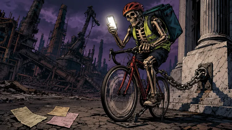Corriere in bici scheletrico incatenato davanti a un paesaggio industriale in rovina