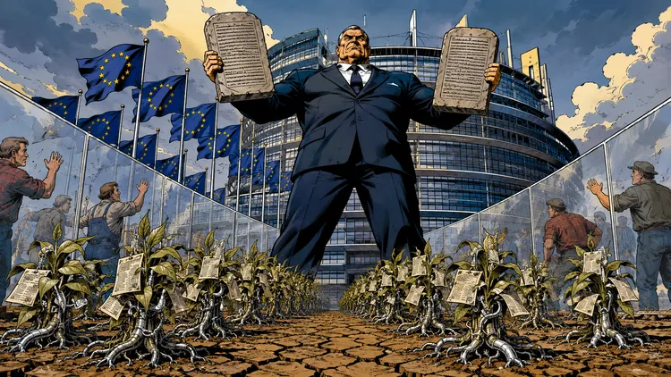 Figura colossale in abiti istituzionali che promulga tavole normative, mentre ai suoi piedi crescono piante con radici metalliche su sfondo di campi agricoli europei