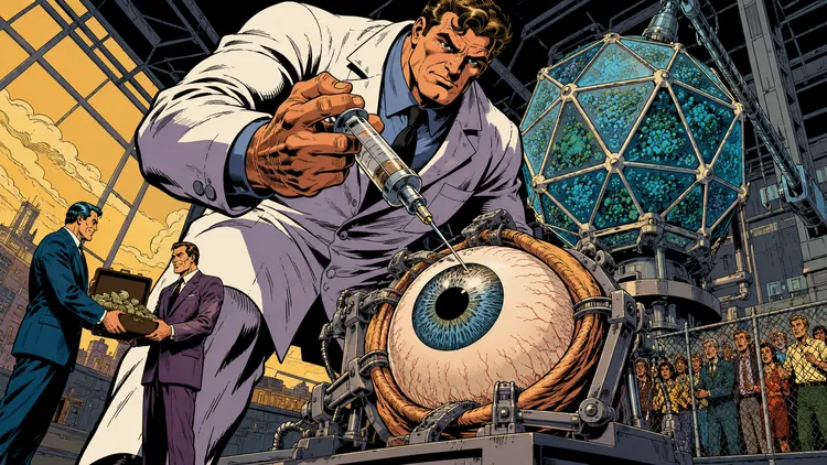 Scienziato gigante inietta una terapia genica in un occhio umano tenuto da morsetti meccanici mentre figure in giacca si scambiano valigette di denaro nel retroscena, stile fumetto Silver Age