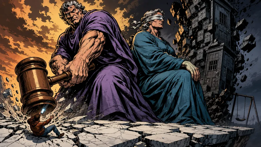 Due figure colossali in stile fumetto: una abbatte un martello su un cittadino con uno smartphone, l&rsquo;altra ignora un&rsquo;ombra scura alle proprie spalle
