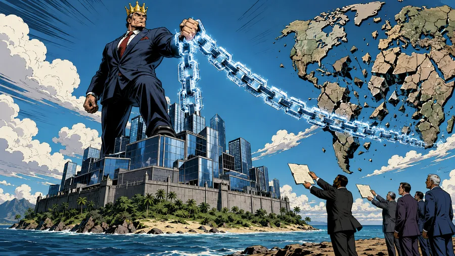 Figura di potere aziendale su una citt&agrave;-stato fortificata collegata da catene digitali a una mappa del mondo frammentata